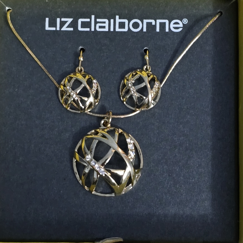 Liz Claiborne Spherical Open-Work Gold-toned Necklace & Earrings Set w/ Crystals